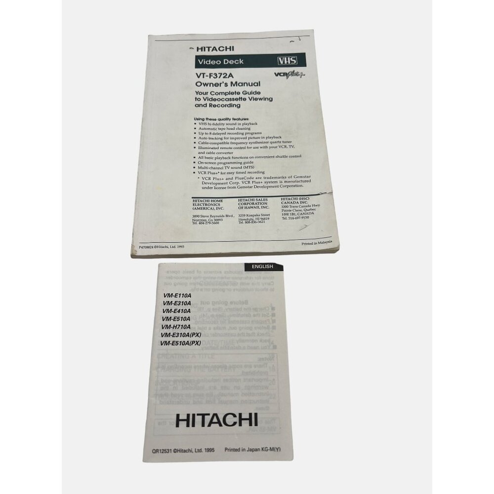 Hitachi VT-F372A VHS Video Deck & VM-E110A Camcorder Owners Manuals 1990s